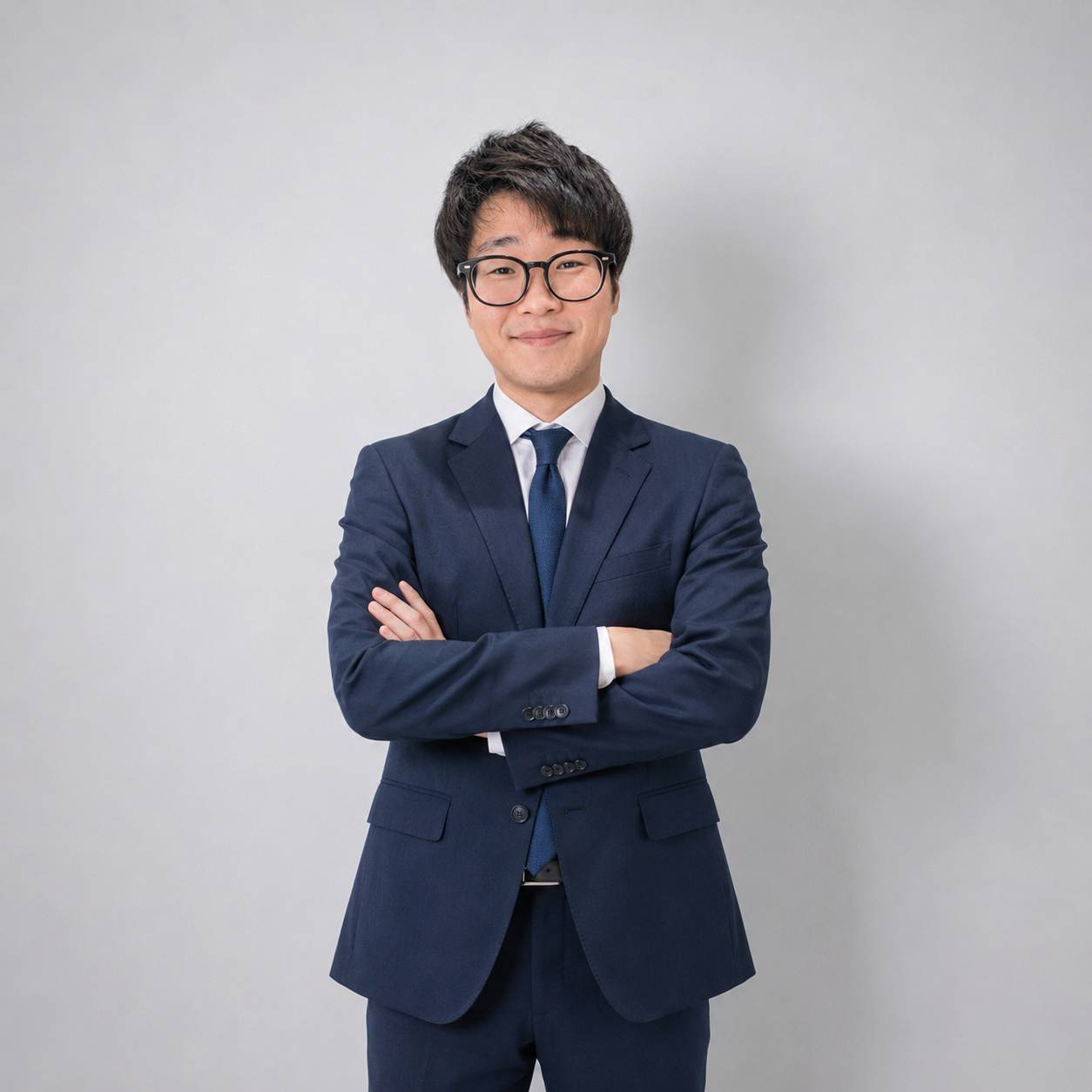 ネイビーのスーツを着て腕を組み、微笑む鎭西健吉